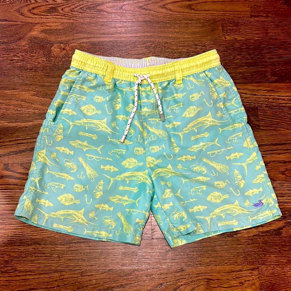 Boys Southern Marsh swimsuit. Green with yellow/lime fish.